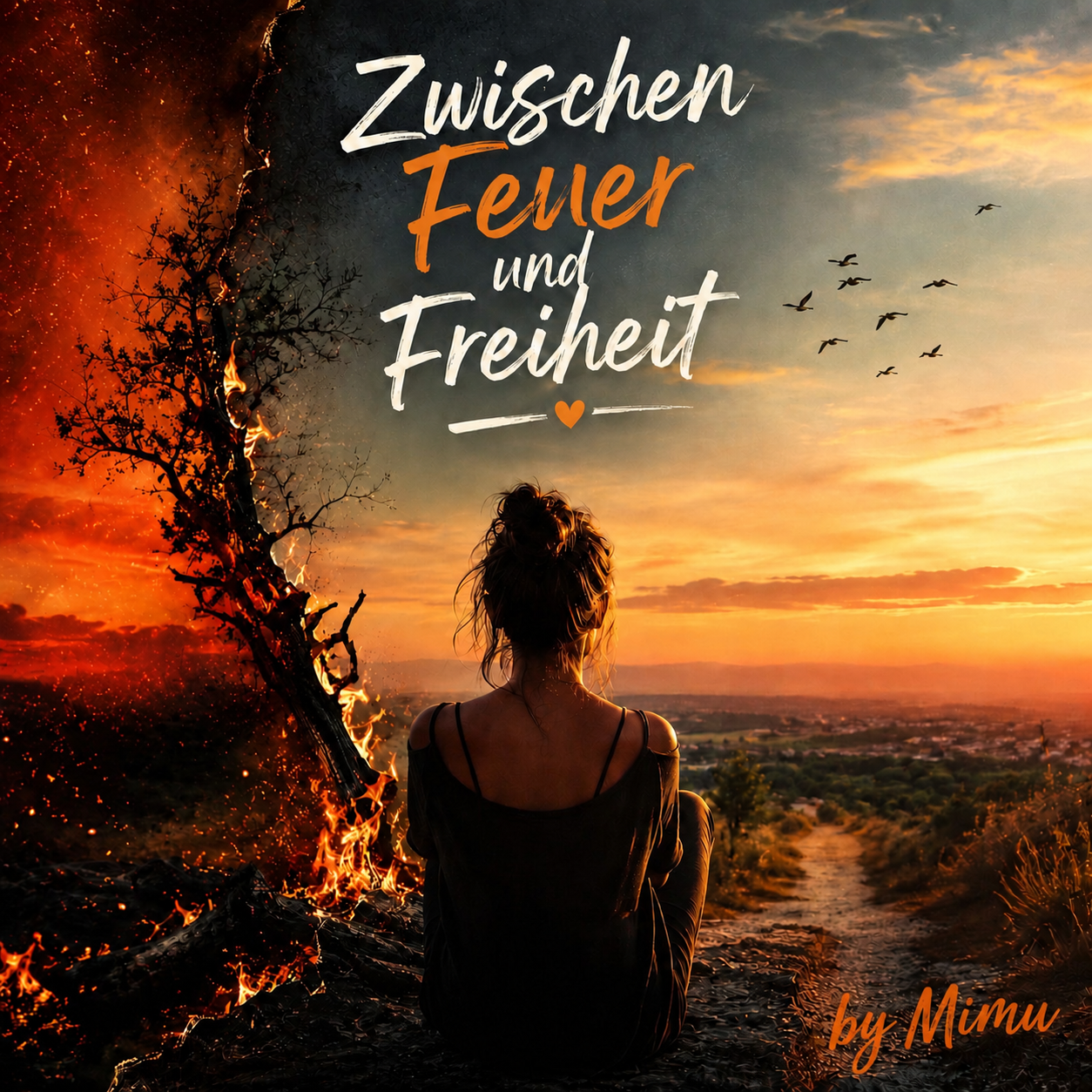 Albumcover „Zwischen Feuer und Freiheit“ von Mimu Mare: eine Frau sitzt zwischen Feuer und Abendhimmel und blickt in die Weite
