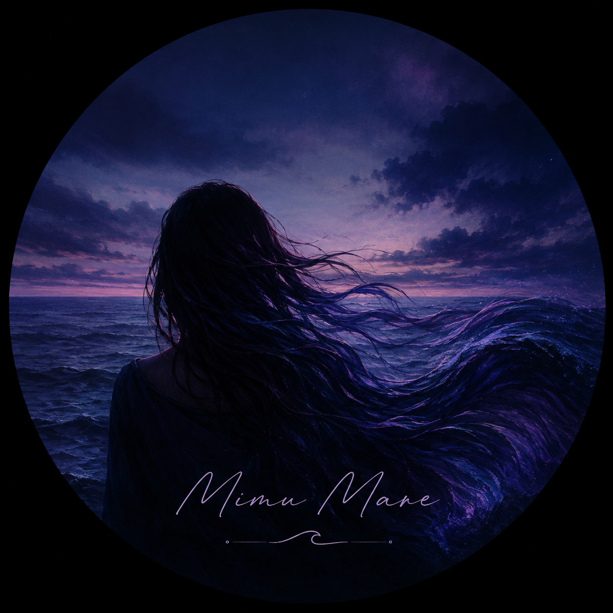 Mimu Mare Logo: nächtliches Meer zwischen Blau und Violett, eine Frau von hinten, ihr Haar fließt in eine Welle