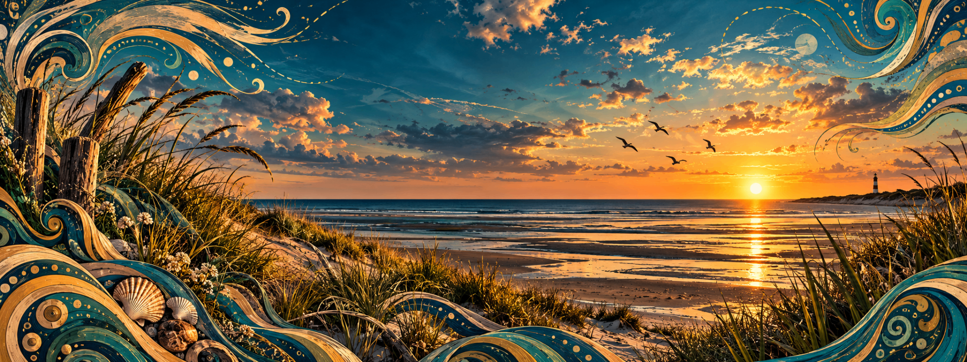 Nordseestrand im goldenen Sonnenuntergang, gerahmt von geschwungenen petrolfarbenen Ornamenten